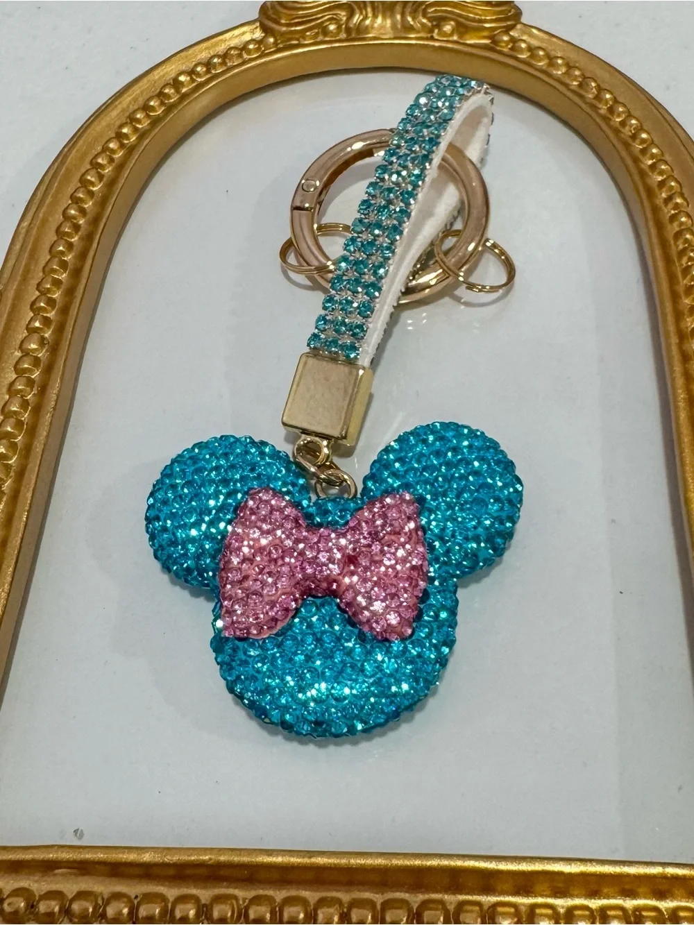 New Sparkling Teal Mouse Keychain with Pink Bow